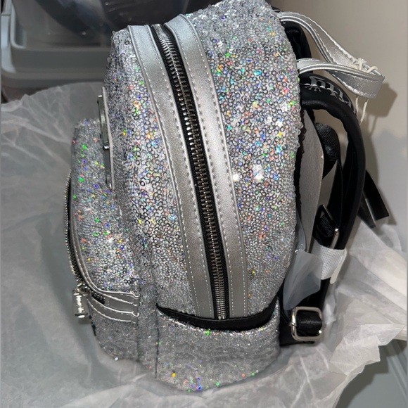 Loungefly 25th Anniversary Logo Holographic Silver Sequin Mini Backpack - Picture 8 of 13